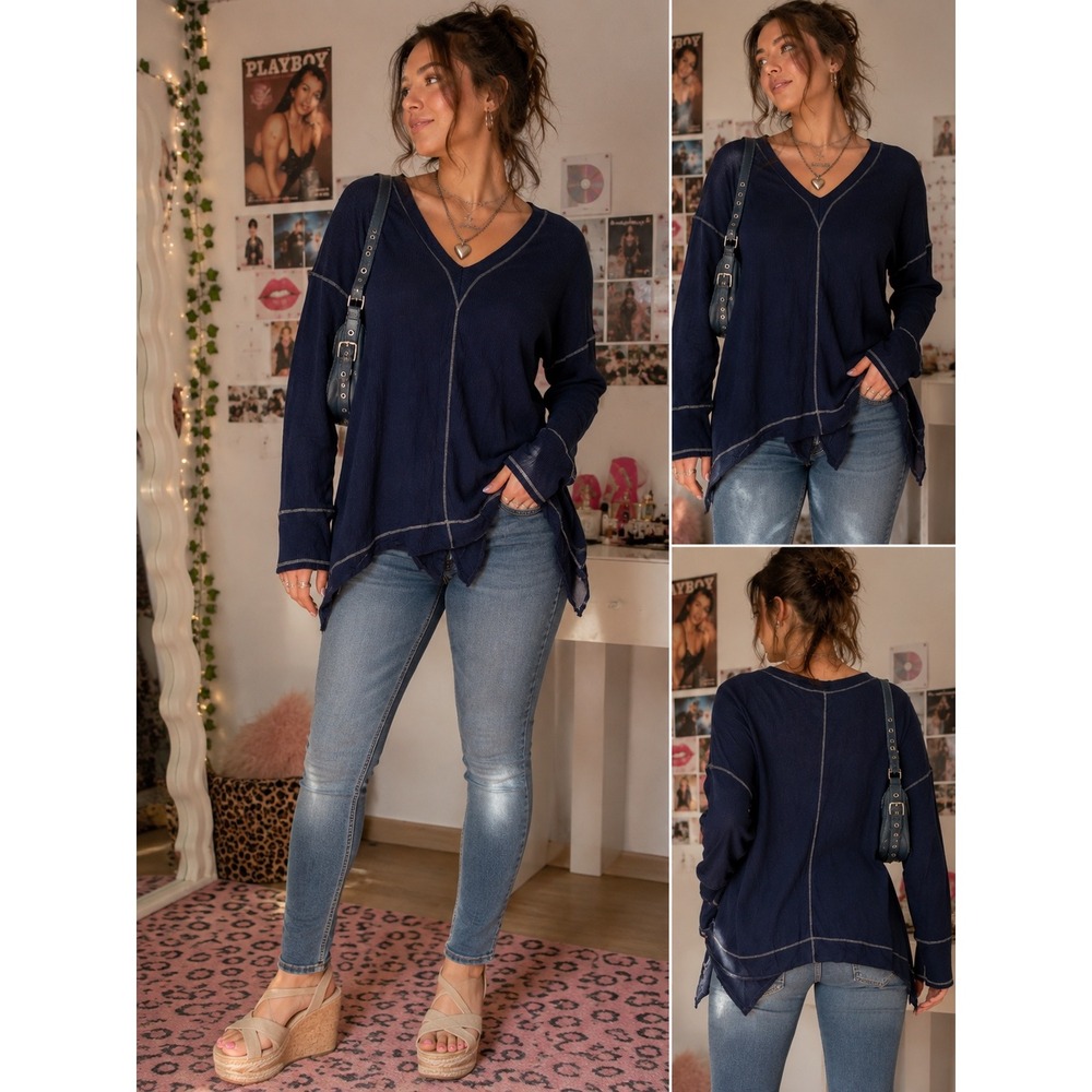 Urban Flamingo Y2K Navy Waffle Knit V-Neck Sharkbite Hem Top M/L
